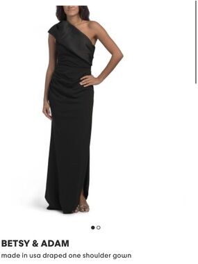 Betsy & Adam Black One-Shoulder Ruched Evening Gown